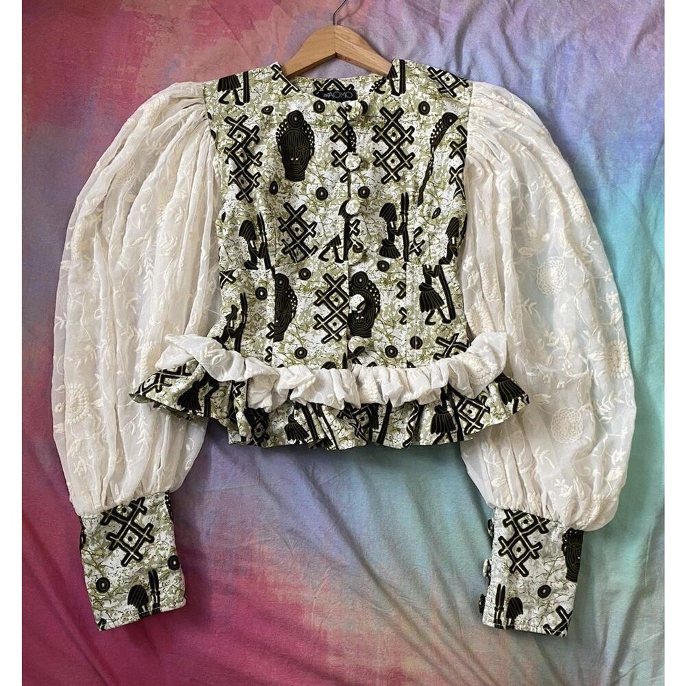 Od Aomo balloon sleeve embroidered corset top peasant african Ruffled Sz XS